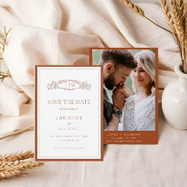 Chic Terracotta botanical crest monogram wedding セーブザデート