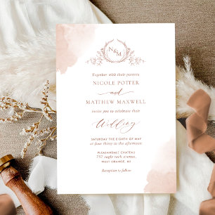 Chic Terracotta Watercolor Stains Monogram Wedding 招待状