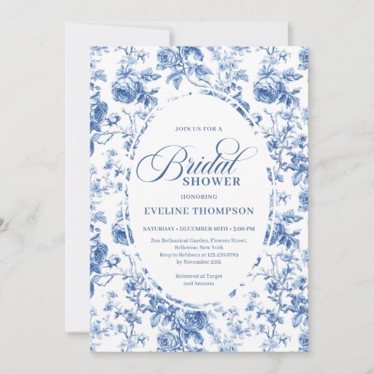 Chic Timeless Navy Chinoiserie Toile Bridal Shower 招待状 (正面)
