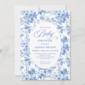 Chic Timeless Royal Blue Toile de Jouy Baby Shower 招待状 (正面)