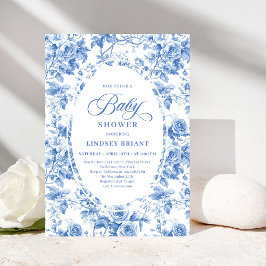 Chic Timeless Royal Blue Toile de Jouy Baby Shower 招待状