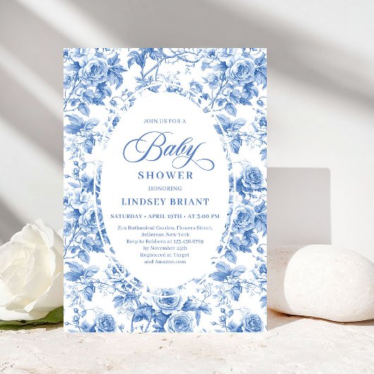 Chic Timeless Royal Blue Toile de Jouy Baby Shower 招待状