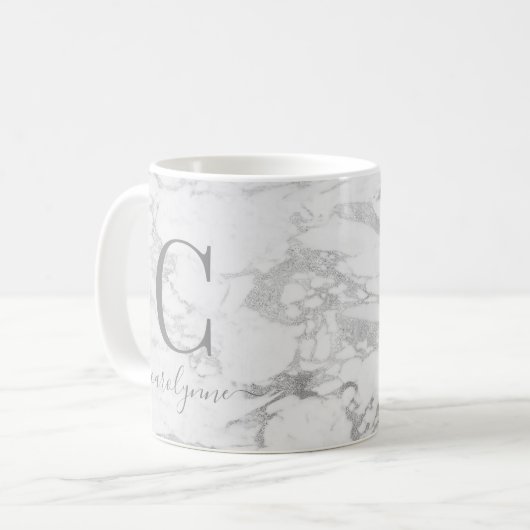 Chic Trendy Silver Foil Marble Monogram コーヒーマグカップ (正面左)
