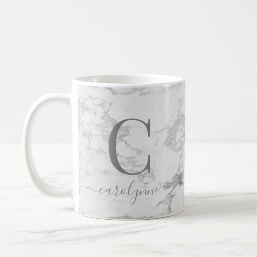 Chic Trendy Silver Foil Marble Monogram コーヒーマグカップ (左)