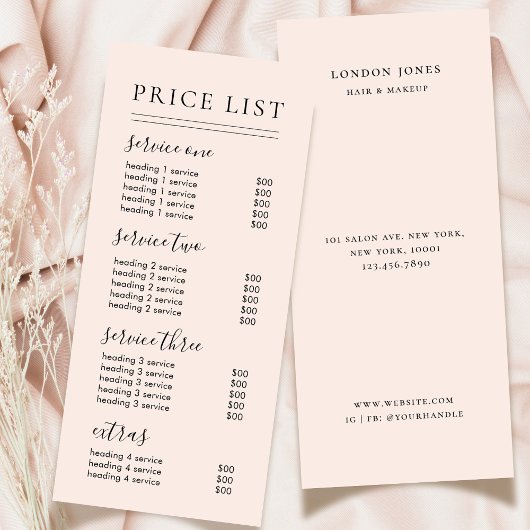 Chic Typography Services Blush Price List ラックカード