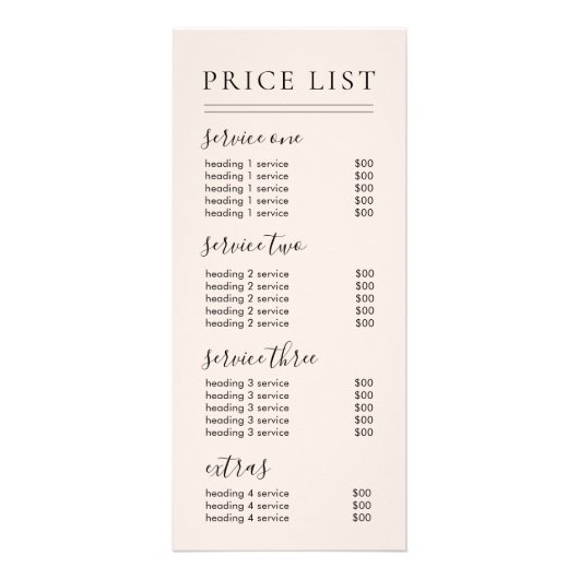 Chic Typography Services Blush Price List ラックカード (正面)