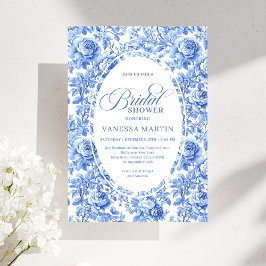 Chic Vintage French Toile Blue Roses Bridal Shower 招待状