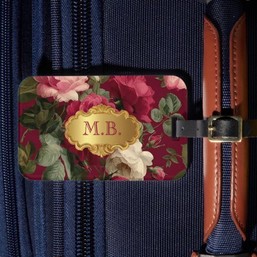 Chic Vintage Red Rose Floral Monogrammed  ラゲッジタグ (正面インサイチュ4)