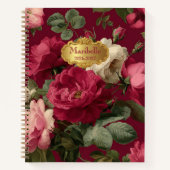 Chic Vintage Rose Red Floral  Monogrammed  ノートブック (正面)