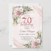 Chic Warm Dusty Pink Floral Greenery 70th Birthday 招待状 (正面)