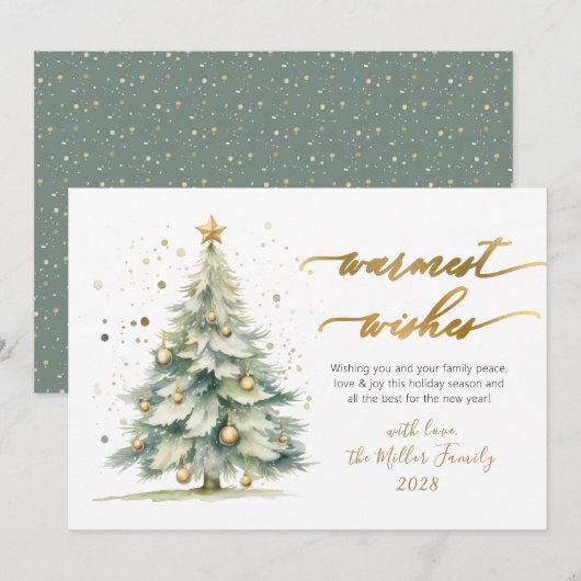 Chic Warmest Wishes Gold Script Christmas Tree シーズンカード (正面/裏面)