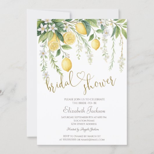 Chic Watercolor Blooming Lemons Bridal Shower  招待状 (正面)