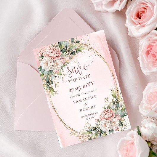 Chic Watercolor Blush Pink Flowers Save The Date セーブザデート