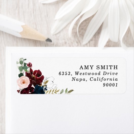 Chic Watercolor Burgundy Floral Address Label ラベル (インサイチュ)