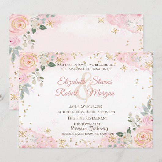 Chic Watercolor Flowers Snowflakes Wedding  招待状 (正面/裏面)