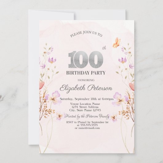 Chic Watercolor Lilac Wildflowers 100th Birthday 招待状 (正面)