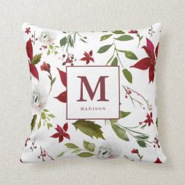 Chic Watercolor Pointsettiaフローラモノグラム名 クッション