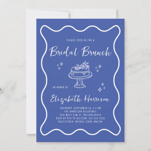 Chic Wavy Frame French Blue Bridal Brunch Shower 招待状 (正面)