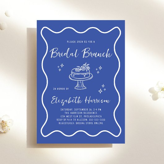 Chic Wavy Frame French Blue Bridal Brunch Shower 招待状