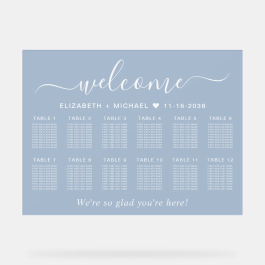 Chic Welcome Dusty Blue 12 Table Wedding Seating アクリルサイン (正面)