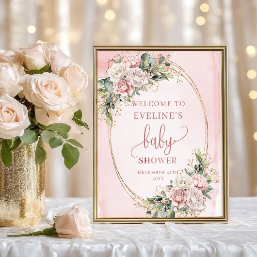Chic Welcome Dusty Pink Floral Eucalyptus Sign ポスター
