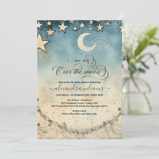 Chic We're over the Moon Boy Baby Shower 招待状 (スタンド正面)