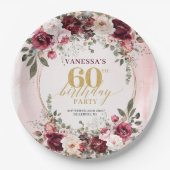 Chic Whimsical Boho Burgundy Eucalyptus Gold 60th ペーパープレート (正面)