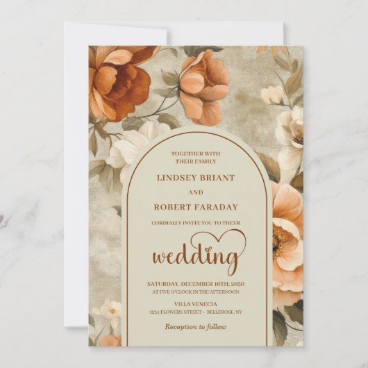 Chic Whimsical Boho Terracotta Beige Olive Wedding 招待状 (正面)