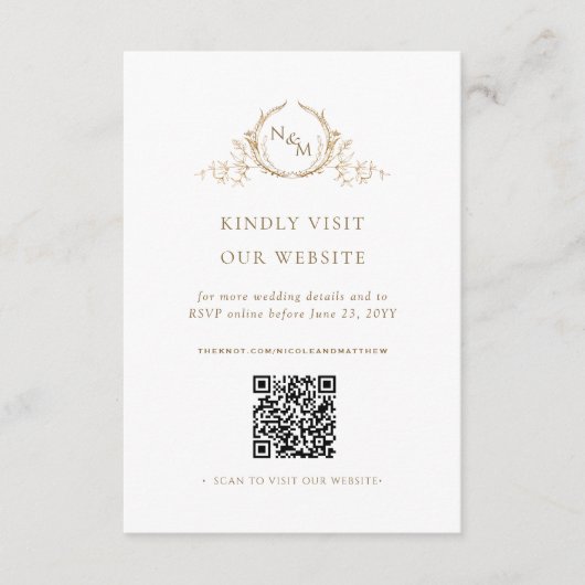 Chic White and Gold Monogram QR Code / RSVP Online エンクロージャーカード (正面)