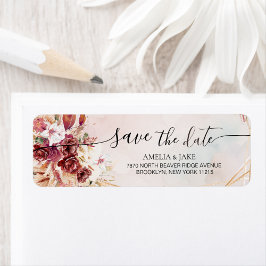 Chic White & Burgundy Floral Return Address Label ラベル