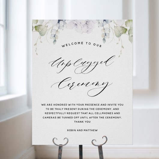 Chic White Floral Unplugged Ceremony Wedding Sign ポスター
