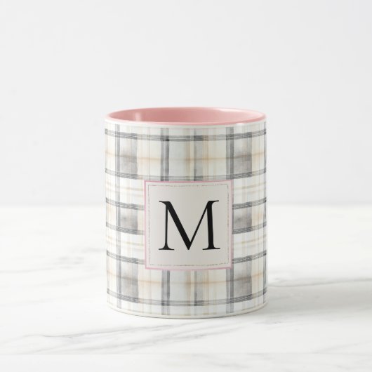 Chic White Grey Plaid Stripes Monogram マグカップ (中央)