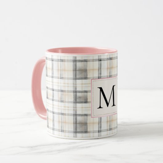 Chic White Grey Plaid Stripes Monogram マグカップ (正面左)