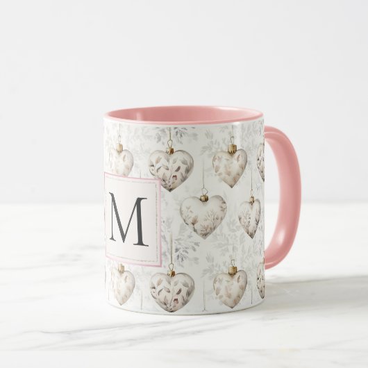 Chic White Pink Heart Ornaments Monogram マグカップ (正面右)