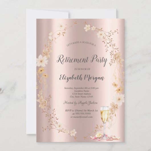 Chic Wildflower Champagne Rose Gold Retirement 招待状 (正面)