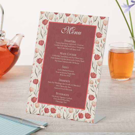 Chic Wildflower Tulip Minimalist Wedding Menus 台座サイン (インサイチュ)