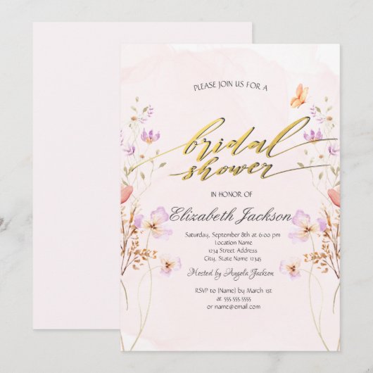 Chic Wildflowers Butterflies Bridal Shower  招待状 (正面/裏面)