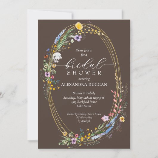 Chic Wildflowers on Brown Bridal Shower 招待状 (正面)