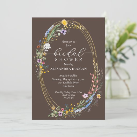 Chic Wildflowers on Brown Bridal Shower 招待状 (スタンド正面)