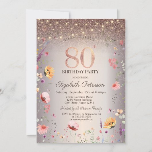 Chic Wildflowers String Lights 80th Birthday   招待状 (正面)