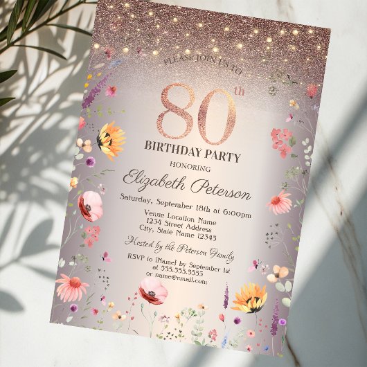 Chic Wildflowers String Lights 80th Birthday   招待状