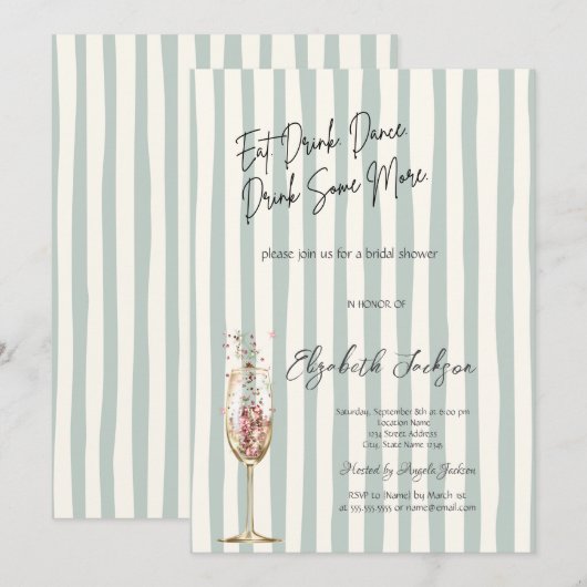 Chic Wine Glass Confetti Green Striped 招待状 (正面/裏面)