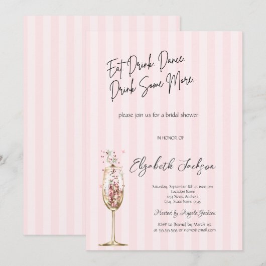 Chic Wine Glass Confetti Pink Striped  招待状 (正面/裏面)