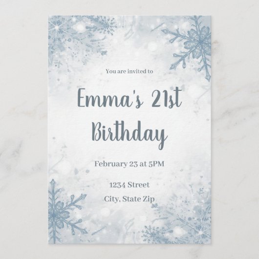 Chic Winter 21st Birthday Invitation – Snowflakes 招待状 (正面)