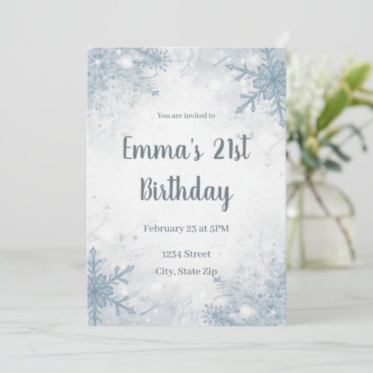 Chic Winter 21st Birthday Invitation – Snowflakes 招待状 (スタンド正面)