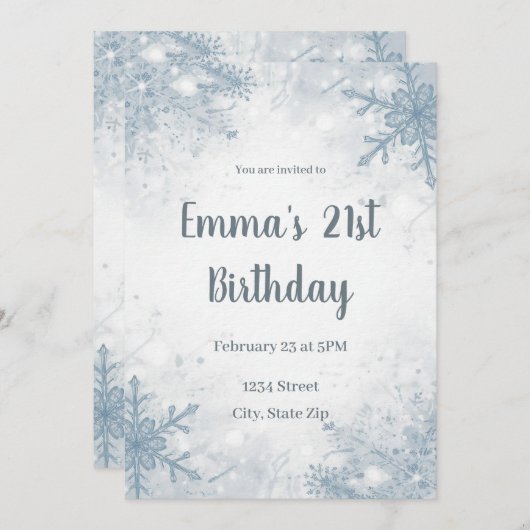 Chic Winter 21st Birthday Invitation – Snowflakes 招待状 (正面/裏面)