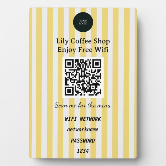 Chic Yellow & White Stripes QR Code Wifi フォトプラーク (正面)