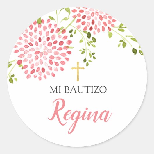 Chica de bautismo Flores rosadas Pegatina redondo ラウンドシール (正面)