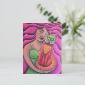 Chica y su gato verde pintura oleo arte ポストカード (スタンド正面)