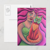 Chica y su gato verde pintura oleo arte ポストカード (正面/裏面)